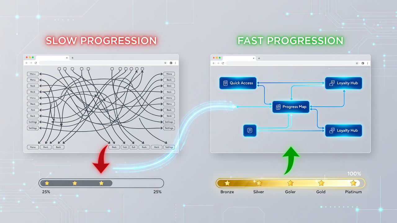 Browser interface showing navigation menus and loyalty progress tracker in an online entertainment platform