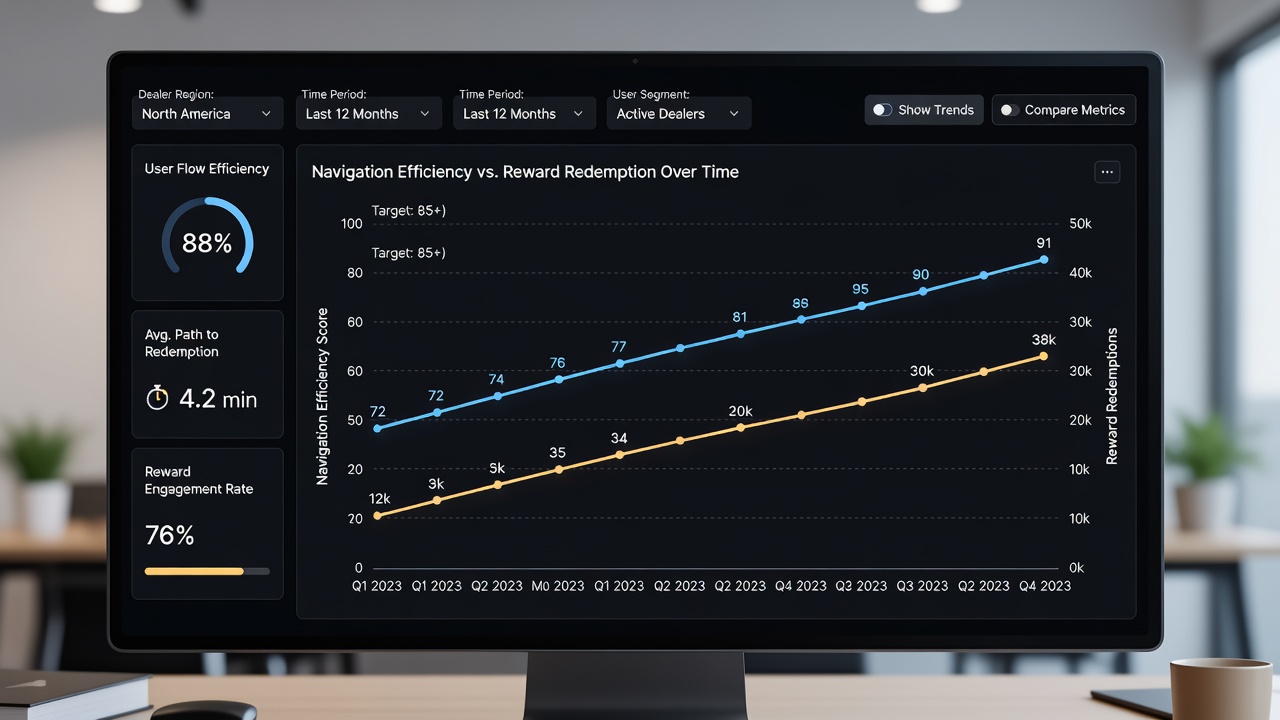 Chart displaying navigation efficiency metrics plotted against reward redemption timelines from browser dealer sessions