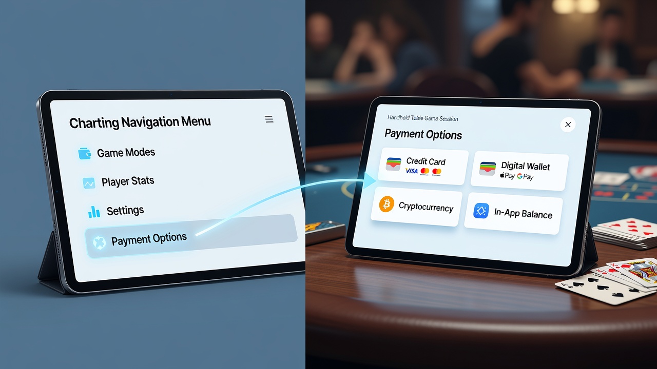 Close-up view of a handheld screen highlighting payment options integrated into a navigation menu during a live table game