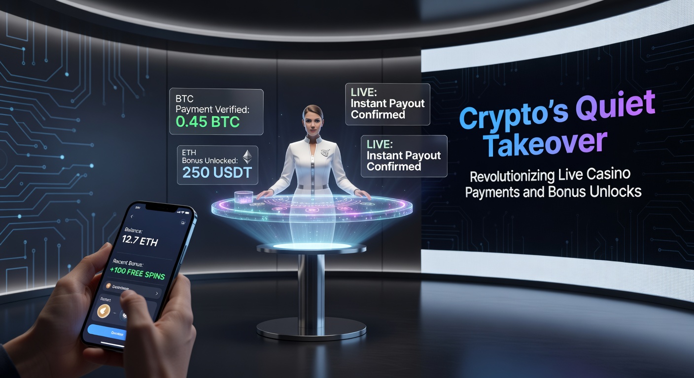 Digital cryptocurrency icons overlaying a vibrant live casino table with dealers and cards, symbolizing the fusion of blockchain tech and real-time gaming