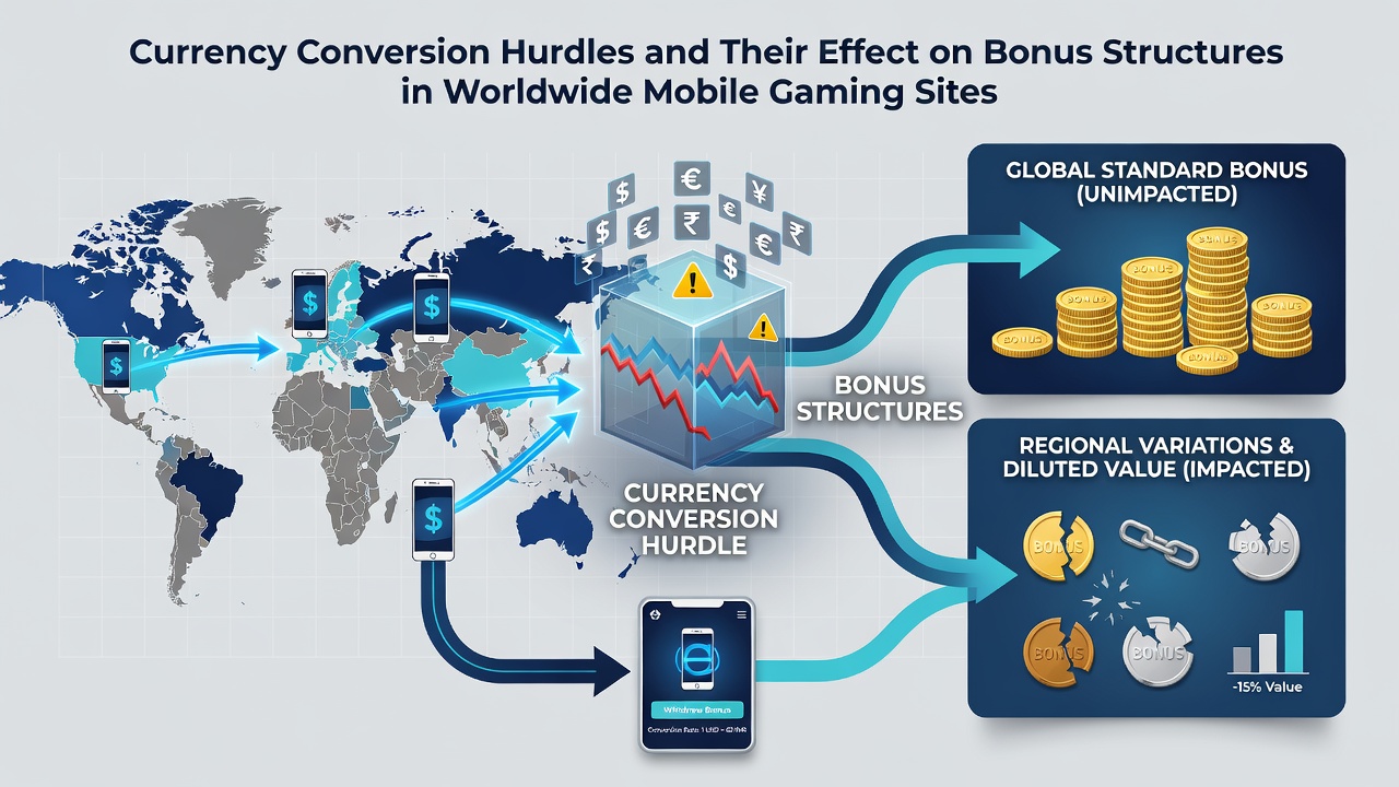 Analytics dashboard showing regional bonus adjustments due to currency exchange variations in mobile gaming