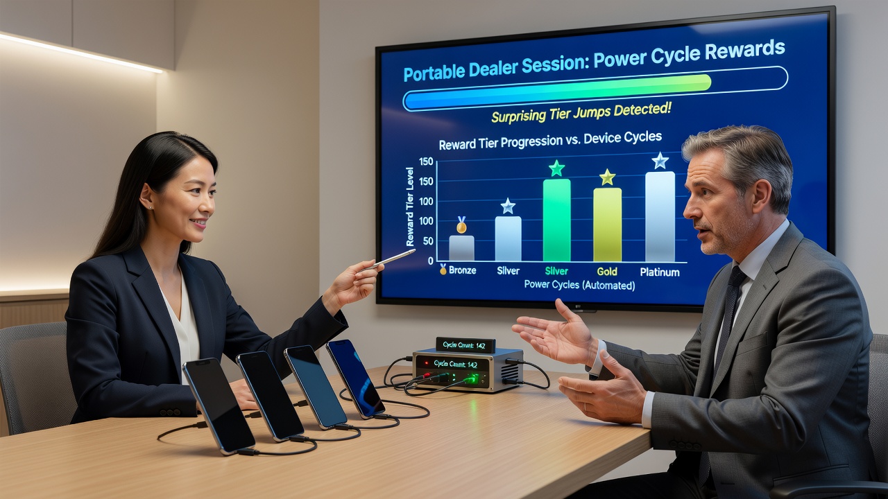 Analytics dashboard displaying correlations between device restarts and loyalty tier advancements in portable dealer environments
