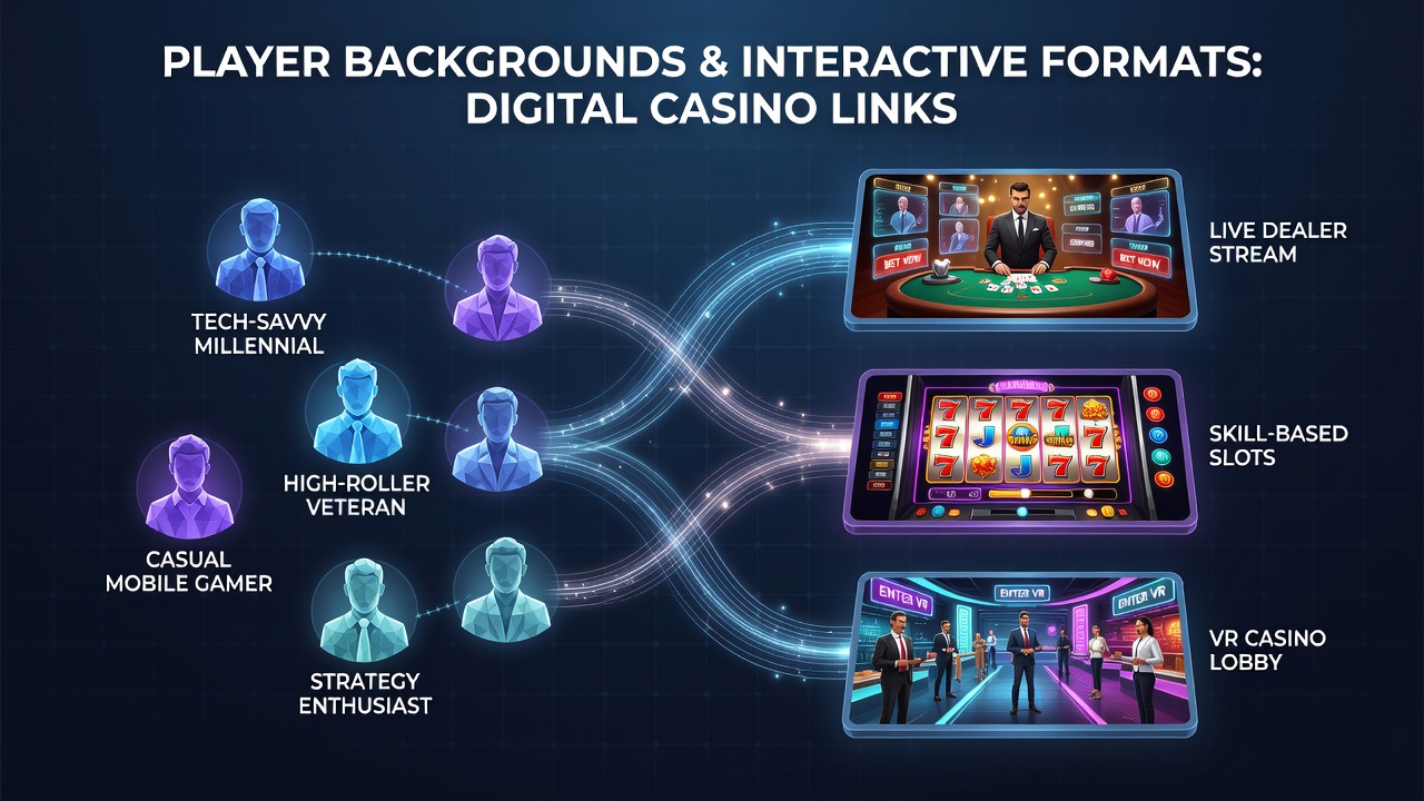 Diverse group of players engaging with various digital casino formats on mobile and desktop devices