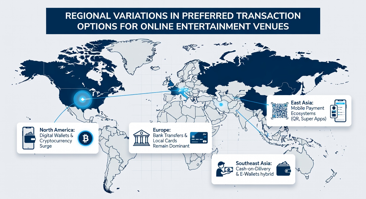 Illustration of varied digital payment interfaces used in different global regions for online entertainment